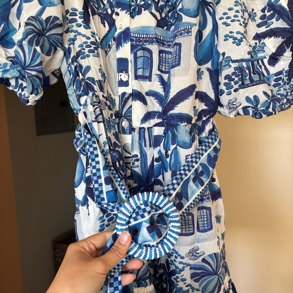 Farm Rio Blue and White Leaf Print Blouse - Picture 3 of 4